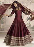 Vegaa Fashion Maroon Viscose Jacquard Silk Embroidered Gown With Viscose Dupatta | Grocsy
