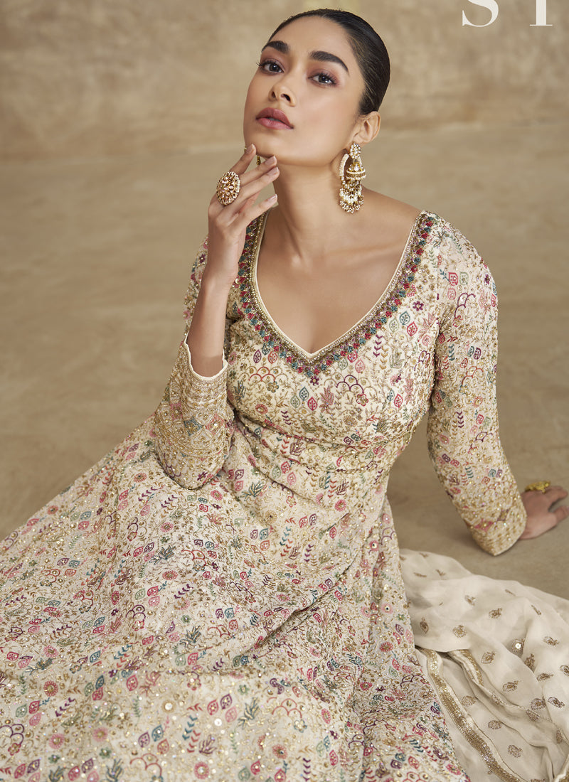Vegaa Fashion Off White Real Georgette Embroidered Anarkali Suit | Grocsy