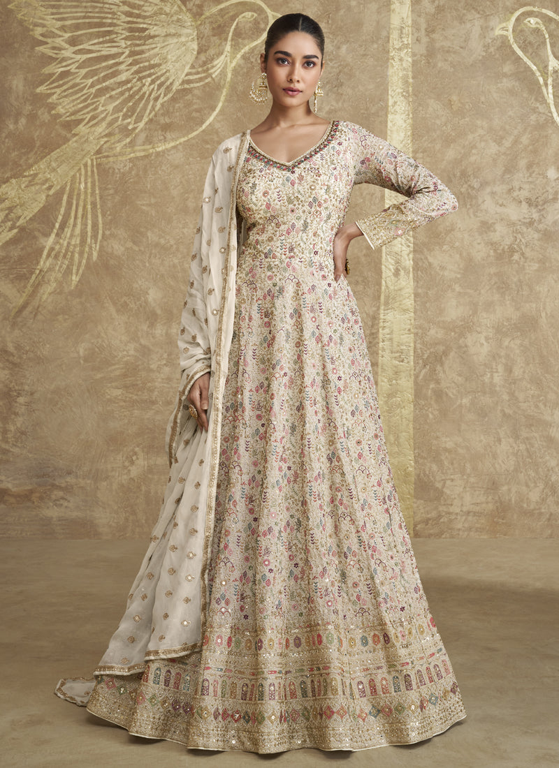 Vegaa Fashion Off White Real Georgette Embroidered Anarkali Suit | Grocsy