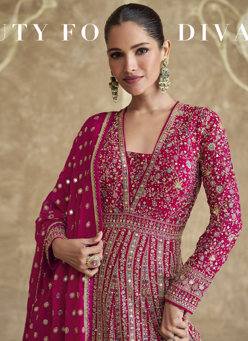 Vegaa Fashion Pink Real Georgette Embroidered Anarkali Suit | Grocsy