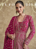 Vegaa Fashion Pink Real Georgette Embroidered Anarkali Suit | Grocsy