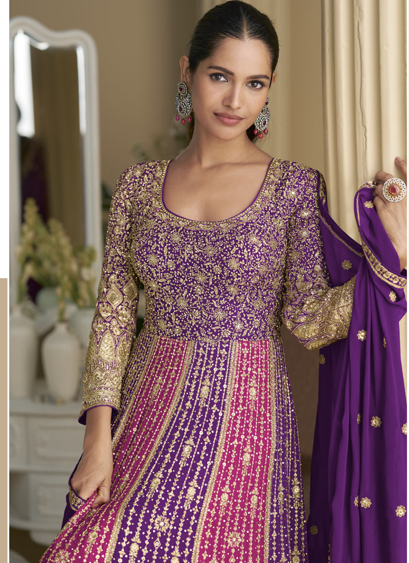 Vegaa Fashion Violet Georgette Embroidered Seroski Zarkan Gown With Embroidered Dupatta | Grocsy