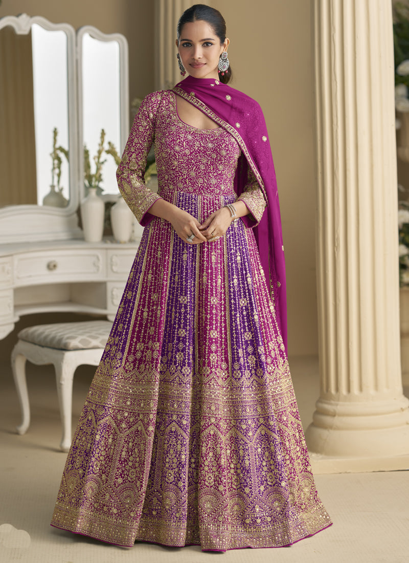 Vegaa Fashion Purple Georgette Embroidered Seroski Zarkan Gown With Embroidered Dupatta | Grocsy