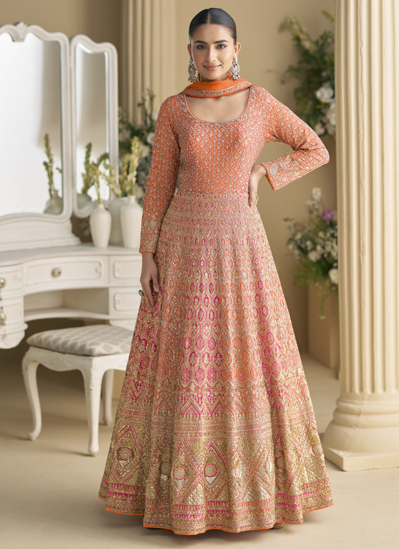 Vegaa Fashion Orange Embroidered Seroski Zarkan Gown With Embroidered Dupatta | Grocsy