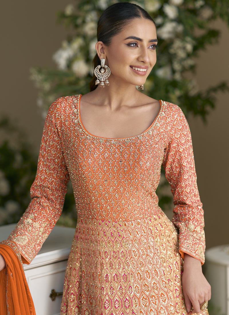 Vegaa Fashion Orange Embroidered Seroski Zarkan Gown With Embroidered Dupatta | Grocsy