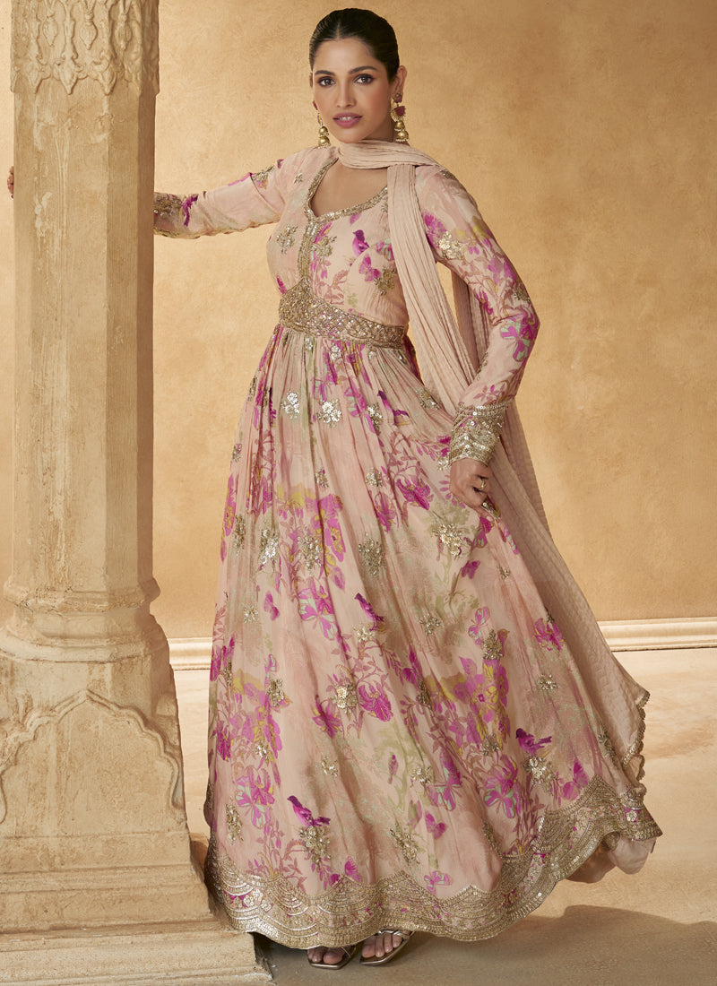 Vegaa Fashion Cream Real Chinon Silk Embroidered Anarkali Suit | Grocsy