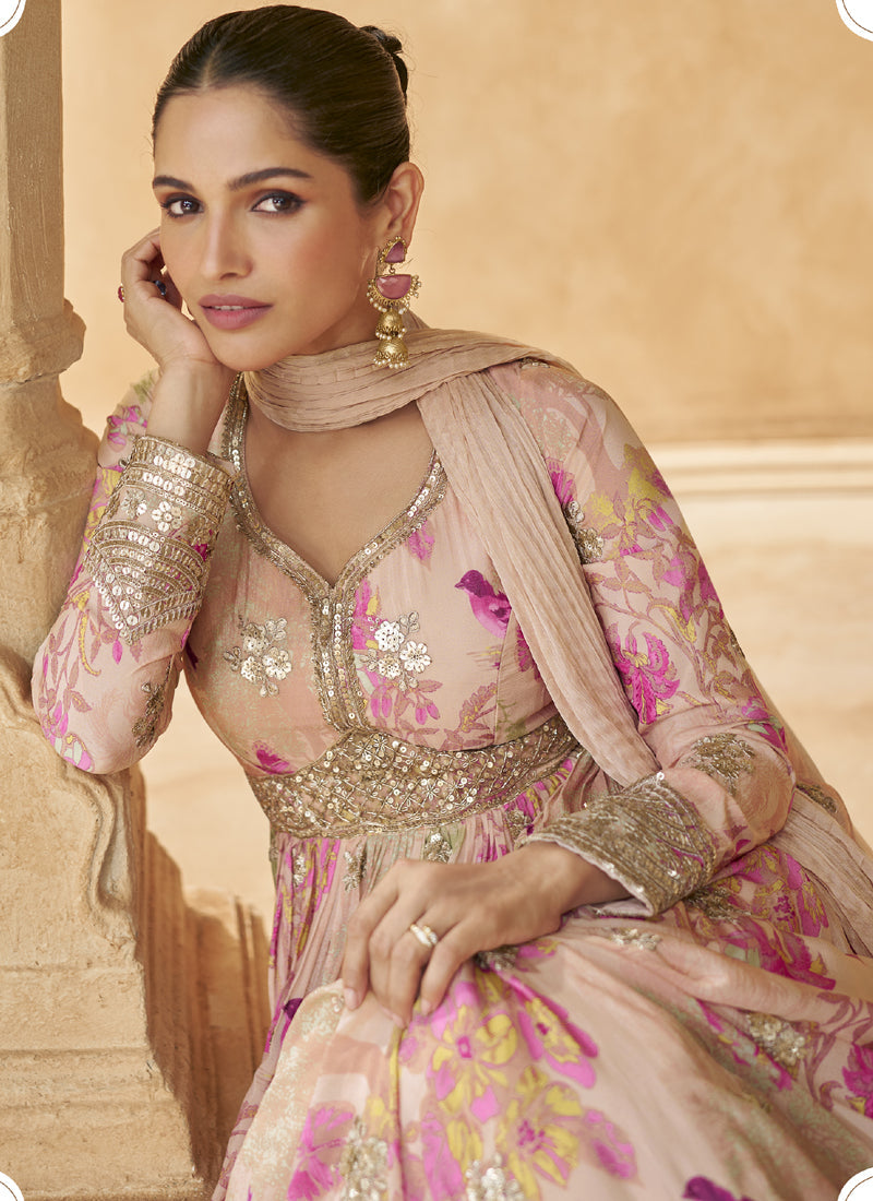 Vegaa Fashion Cream Real Chinon Silk Embroidered Anarkali Suit | Grocsy