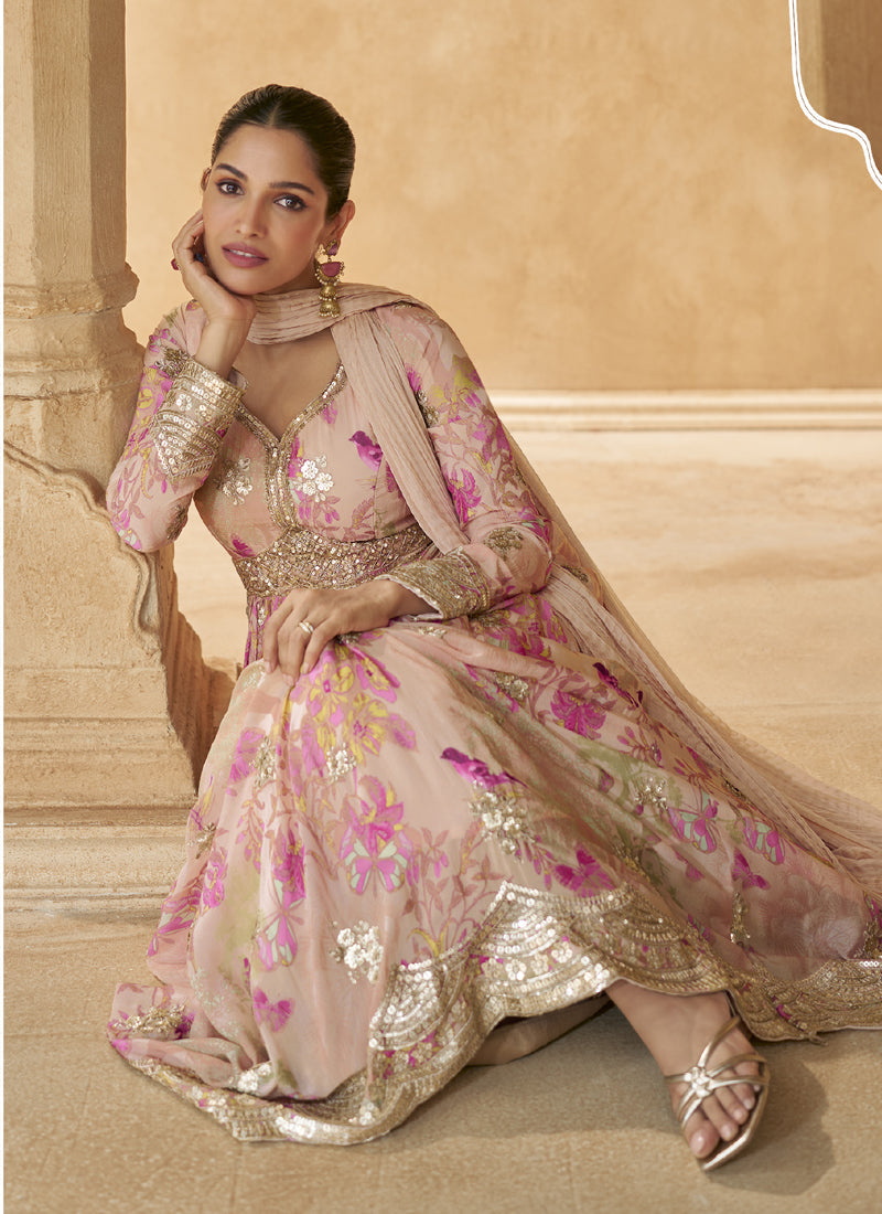 Vegaa Fashion Cream Real Chinon Silk Embroidered Anarkali Suit | Grocsy
