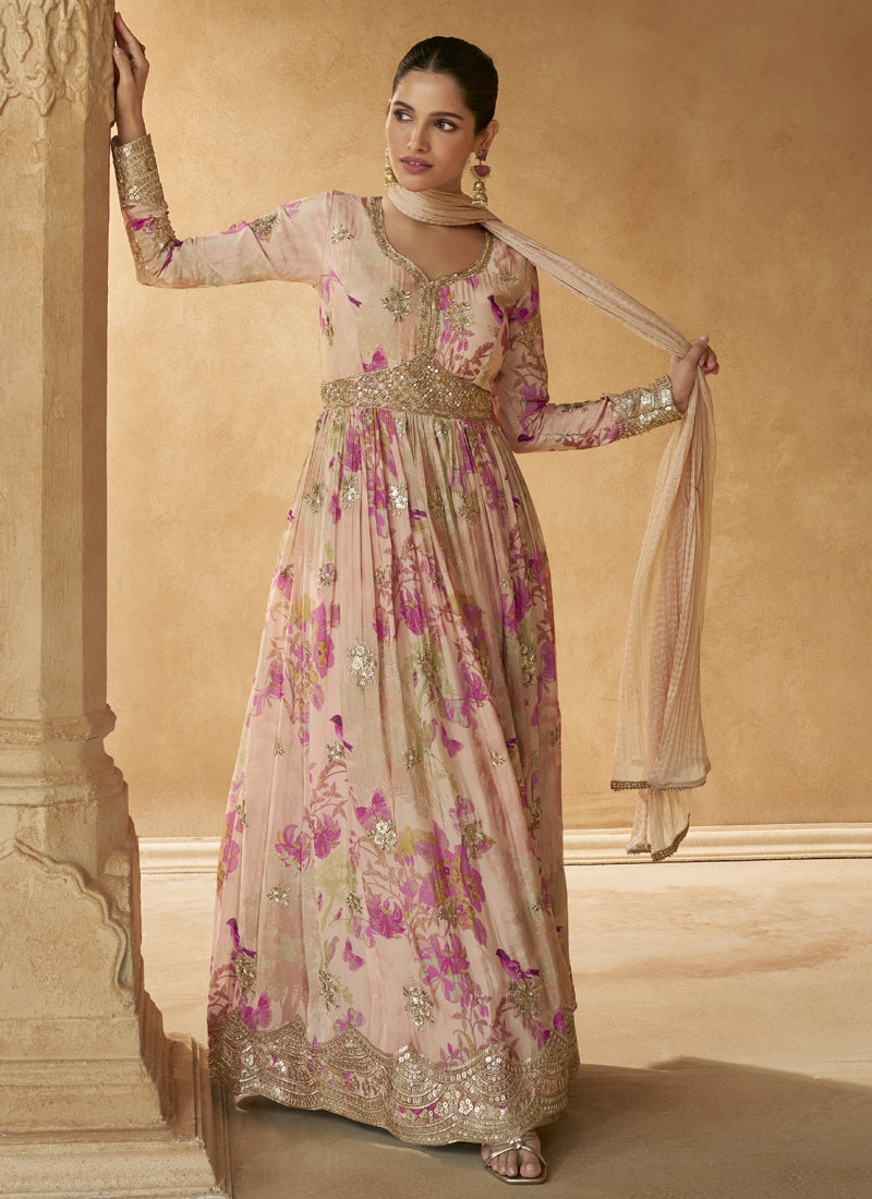 Vegaa Fashion Cream Real Chinon Silk Embroidered Anarkali Suit | Grocsy
