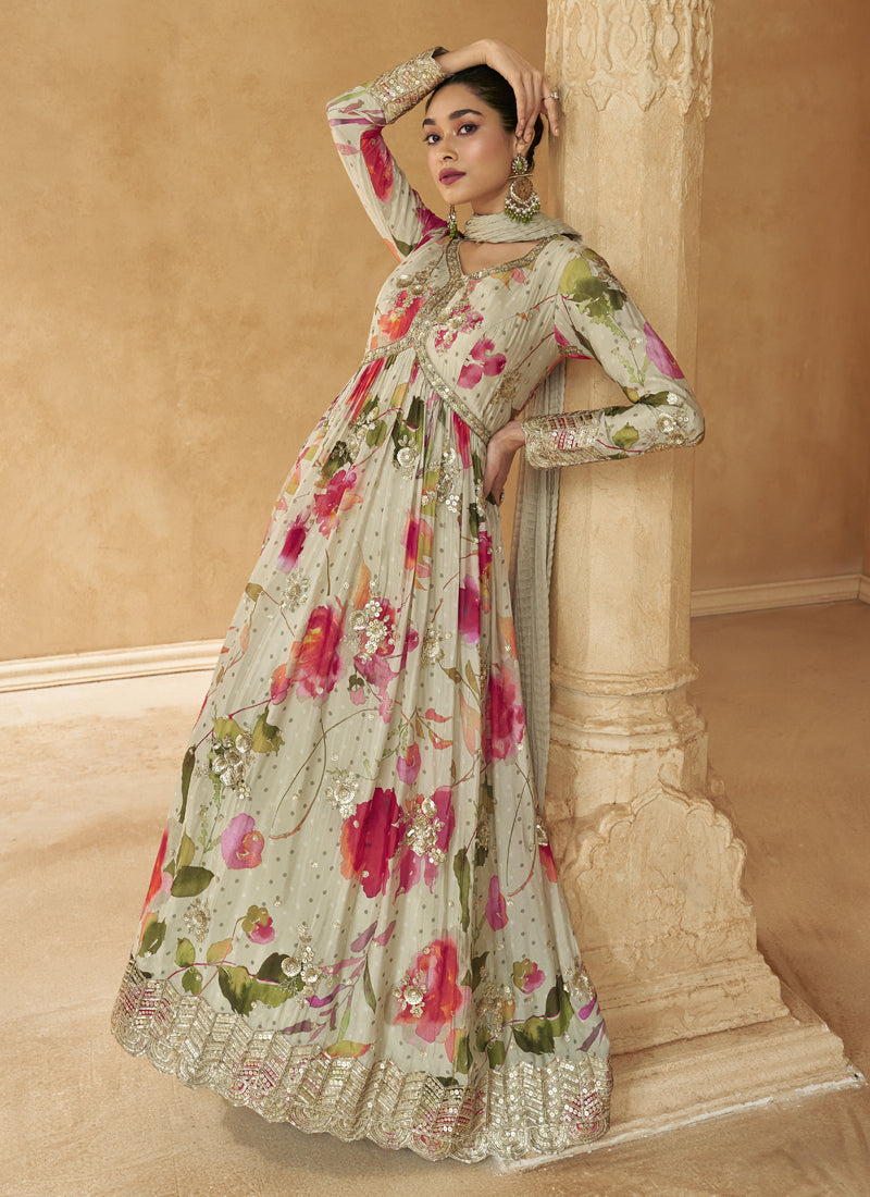 Vegaa Fashion Off White Real Chinon Silk Embroidered Anarkali Suit | Grocsy