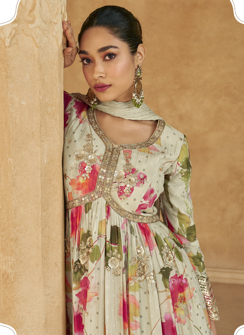 Vegaa Fashion Off White Real Chinon Silk Embroidered Anarkali Suit | Grocsy