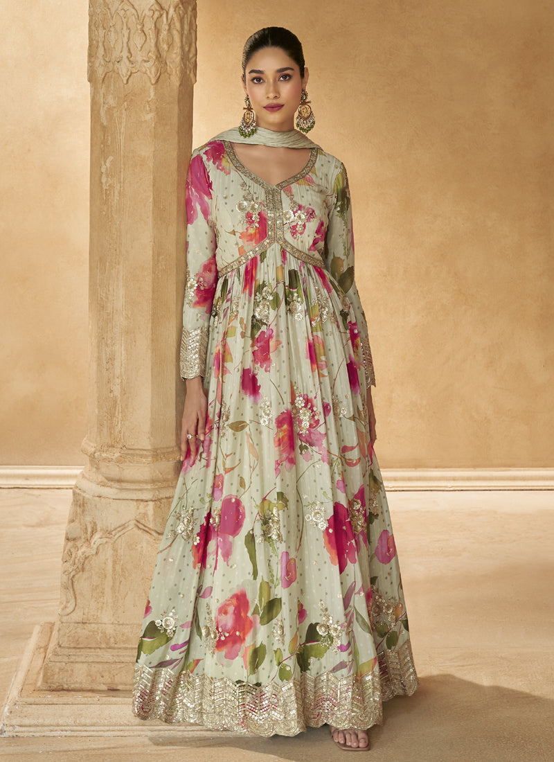 Vegaa Fashion Off White Real Chinon Silk Embroidered Anarkali Suit | Grocsy