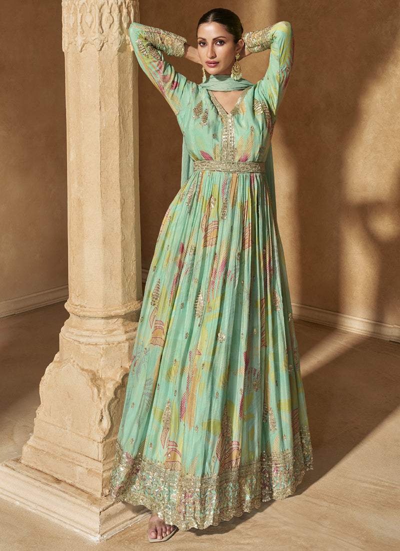 Vegaa Fashion Bottel Green Real Chinon Silk Embroidered Anarkali Suit | Grocsy