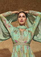 Vegaa Fashion Bottel Green Real Chinon Silk Embroidered Anarkali Suit | Grocsy