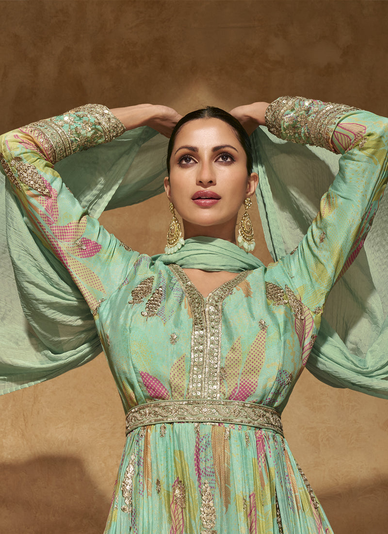 Vegaa Fashion Bottel Green Real Chinon Silk Embroidered Anarkali Suit | Grocsy