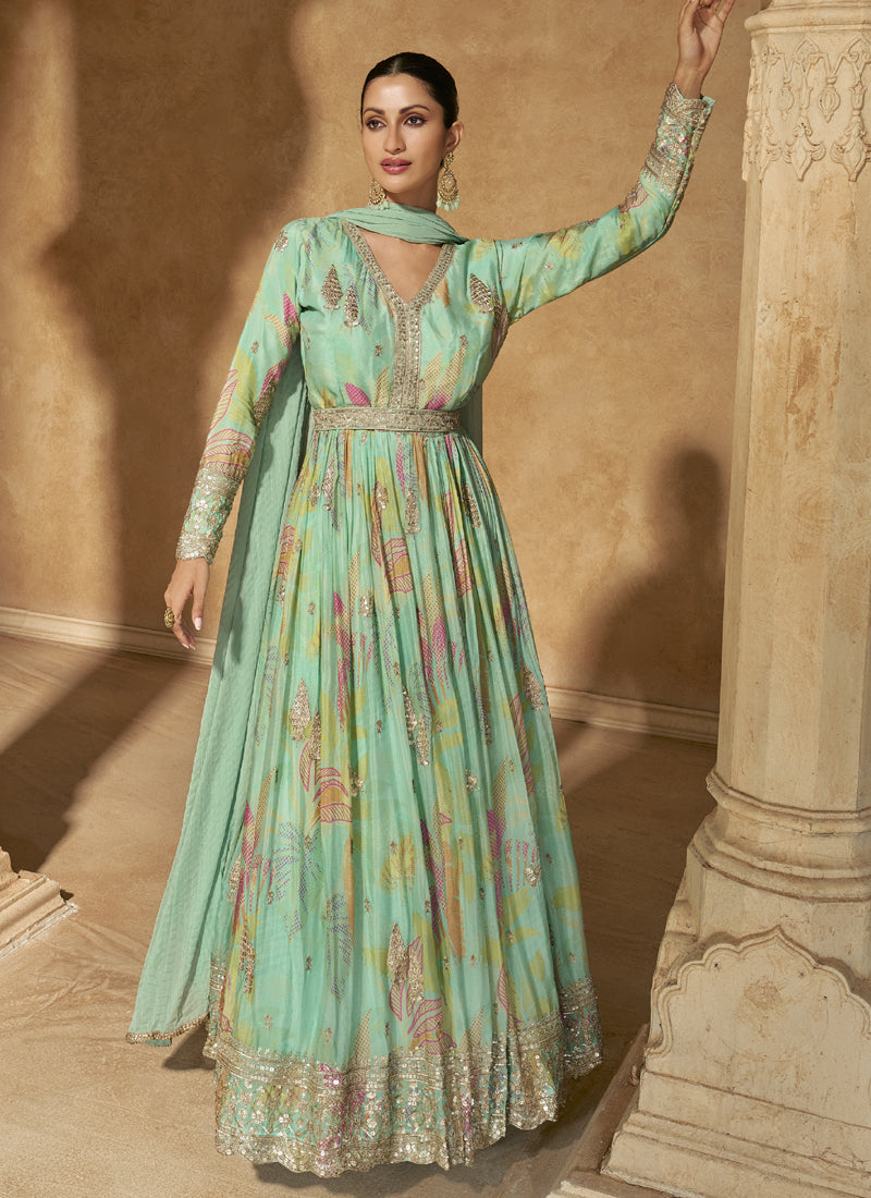 Vegaa Fashion Bottel Green Real Chinon Silk Embroidered Anarkali Suit | Grocsy