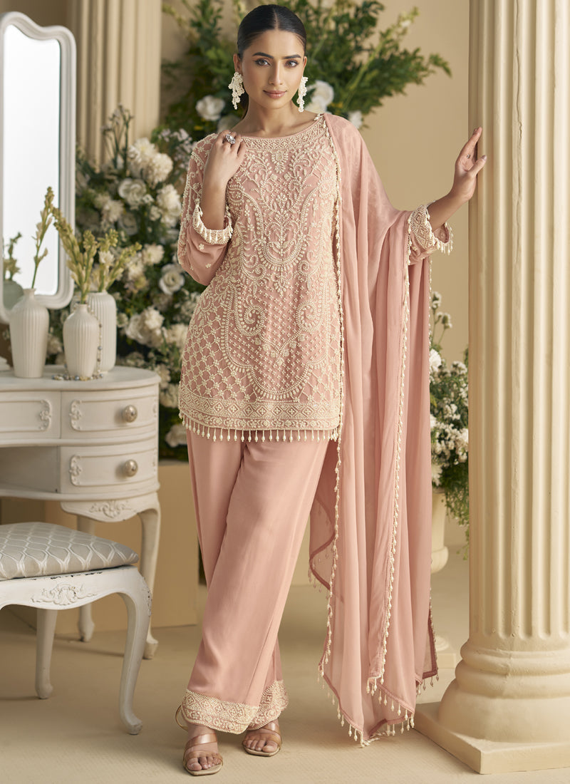 Vegaa Fashion Light Peach Georgette And Net Embroidered Beads Work Salwar Suit | Grocsy