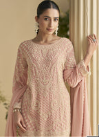 Vegaa Fashion Light Peach Georgette And Net Embroidered Beads Work Salwar Suit | Grocsy