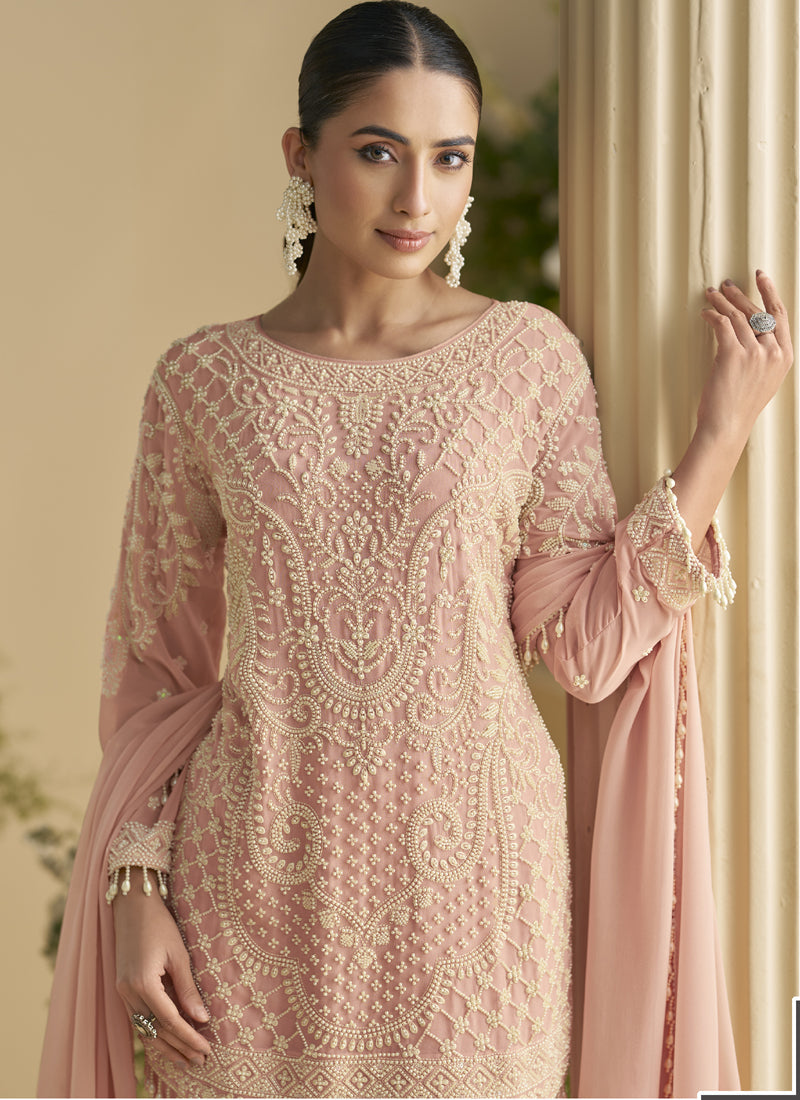 Vegaa Fashion Light Peach Georgette And Net Embroidered Beads Work Salwar Suit | Grocsy