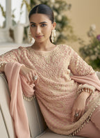 Vegaa Fashion Light Peach Georgette And Net Embroidered Beads Work Salwar Suit | Grocsy