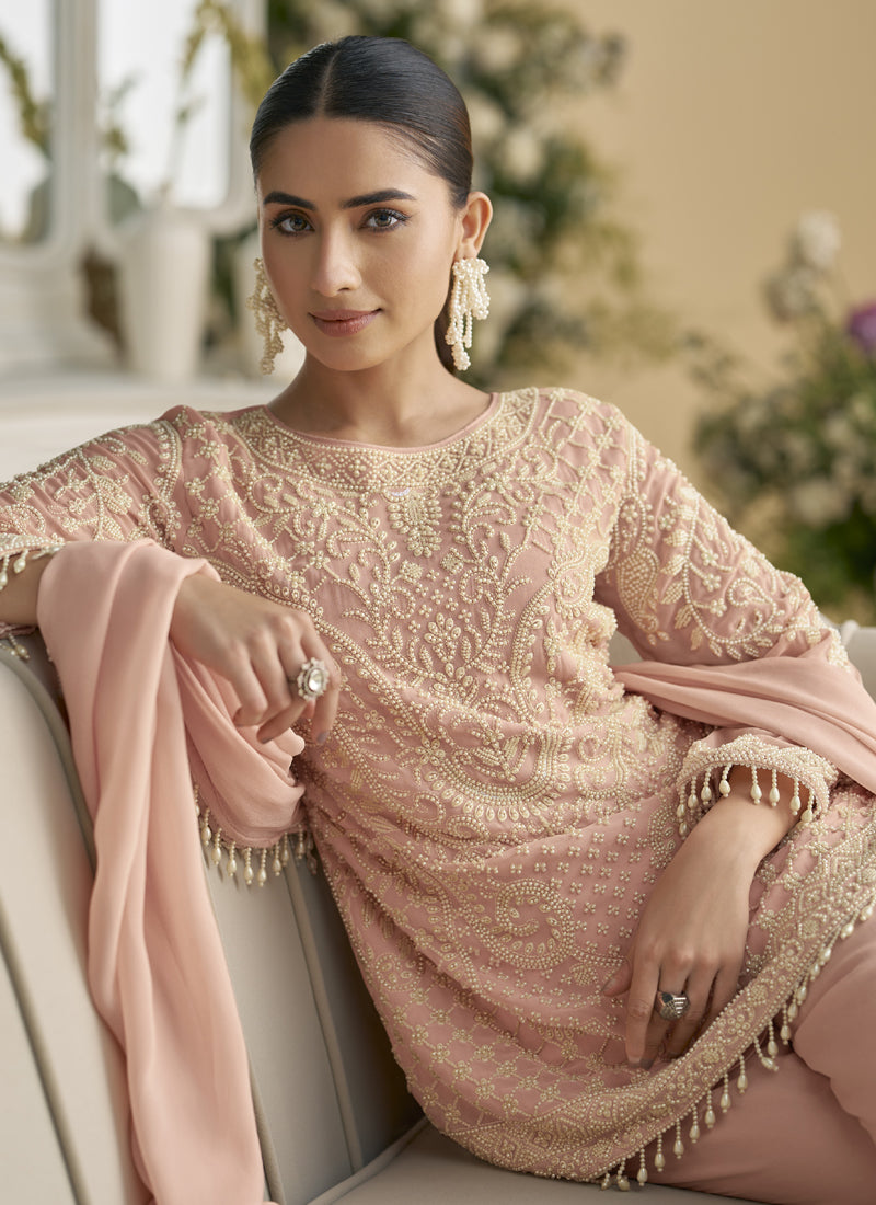 Vegaa Fashion Light Peach Georgette And Net Embroidered Beads Work Salwar Suit | Grocsy
