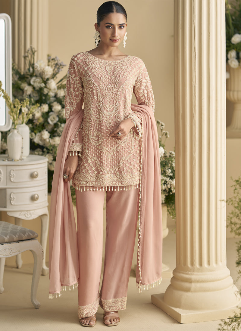 Vegaa Fashion Light Peach Georgette And Net Embroidered Beads Work Salwar Suit | Grocsy