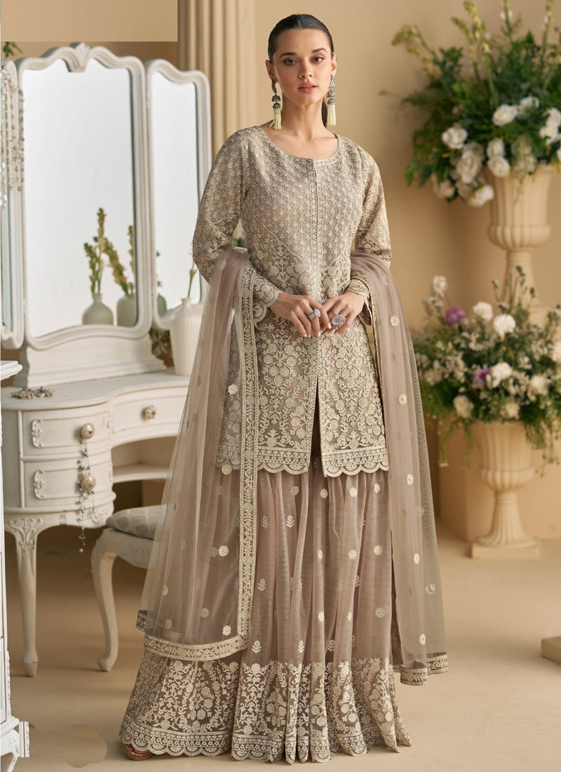 Vegaa Fashion Beige Net Embroidered Sequin Designer Palazzo Suit | Grocsy