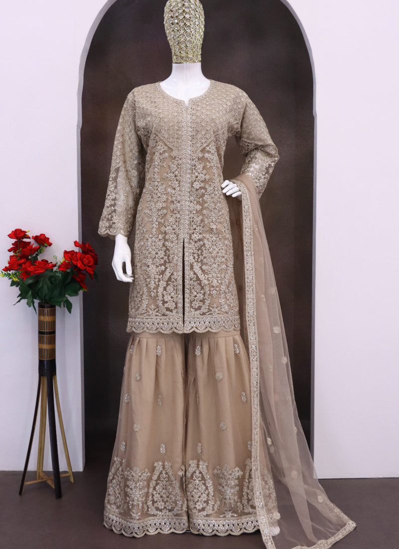 Vegaa Fashion Beige Net Embroidered Sequin Designer Palazzo Suit | Grocsy