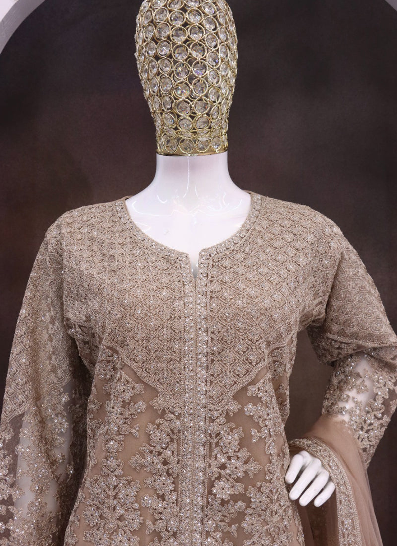 Vegaa Fashion Beige Net Embroidered Sequin Designer Palazzo Suit | Grocsy