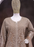 Vegaa Fashion Beige Net Embroidered Sequin Designer Palazzo Suit | Grocsy