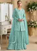 Vegaa Fashion Turquoise Net Embroidered Sequin Designer Palazzo Suit | Grocsy