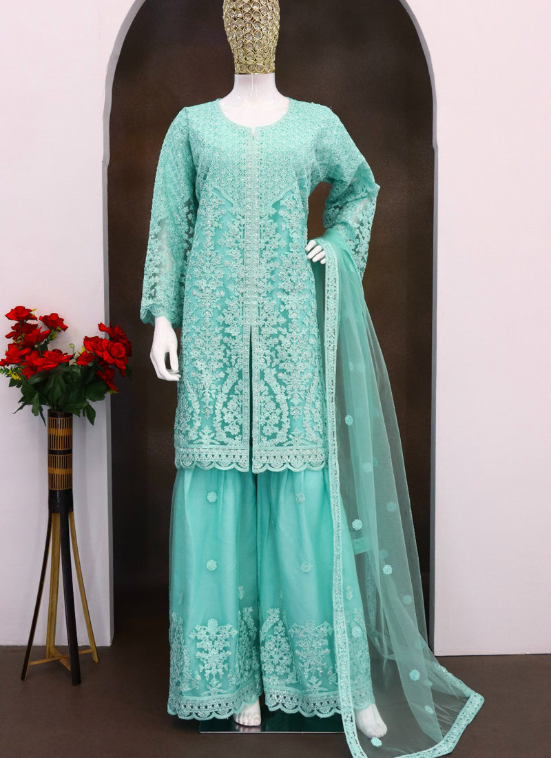Vegaa Fashion Turquoise Net Embroidered Sequin Designer Palazzo Suit | Grocsy