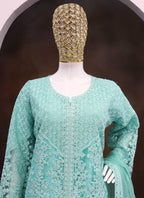 Vegaa Fashion Turquoise Net Embroidered Sequin Designer Palazzo Suit | Grocsy
