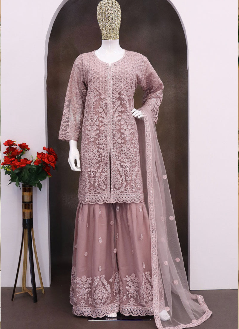 Vegaa Fashion Onion Pink Net Embroidered Sequin Designer Palazzo Suit | Grocsy
