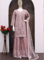 Vegaa Fashion Onion Pink Net Embroidered Sequin Designer Palazzo Suit | Grocsy