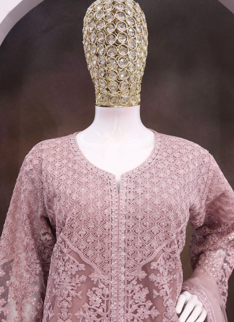 Vegaa Fashion Onion Pink Net Embroidered Sequin Designer Palazzo Suit | Grocsy