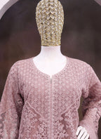 Vegaa Fashion Onion Pink Net Embroidered Sequin Designer Palazzo Suit | Grocsy