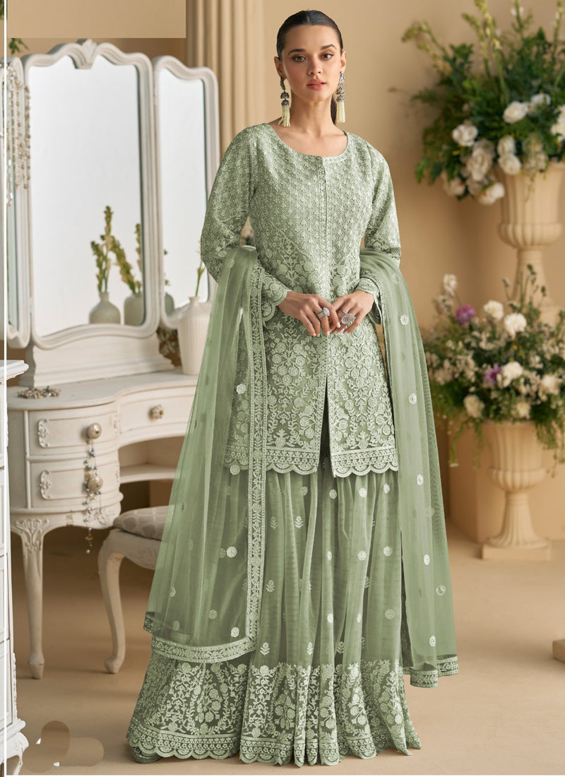 Vegaa Fashion Lime Green Net Embroidered Sequin Designer Palazzo Suit | Grocsy