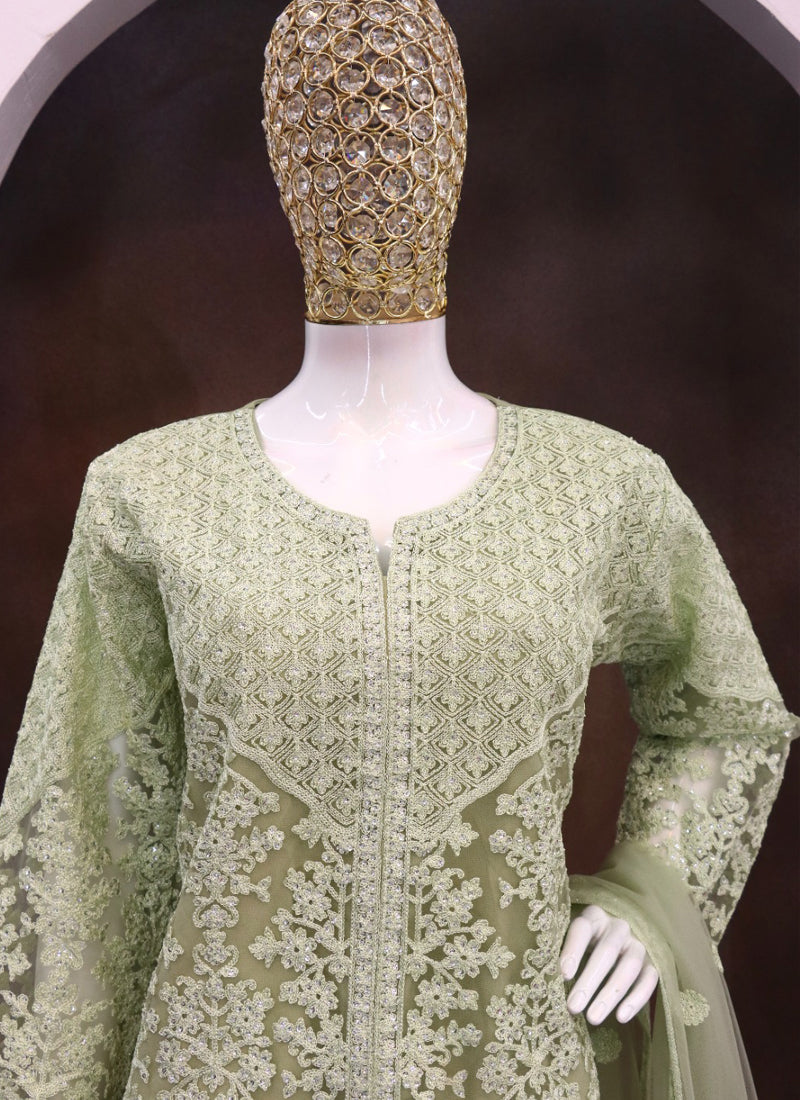 Vegaa Fashion Lime Green Net Embroidered Sequin Designer Palazzo Suit | Grocsy