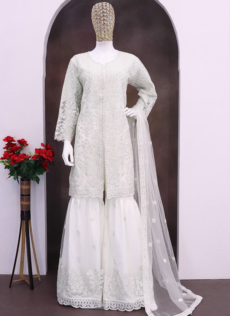 Vegaa Fashion Off White Net Embroidered Sequin Designer Palazzo Suit | Grocsy