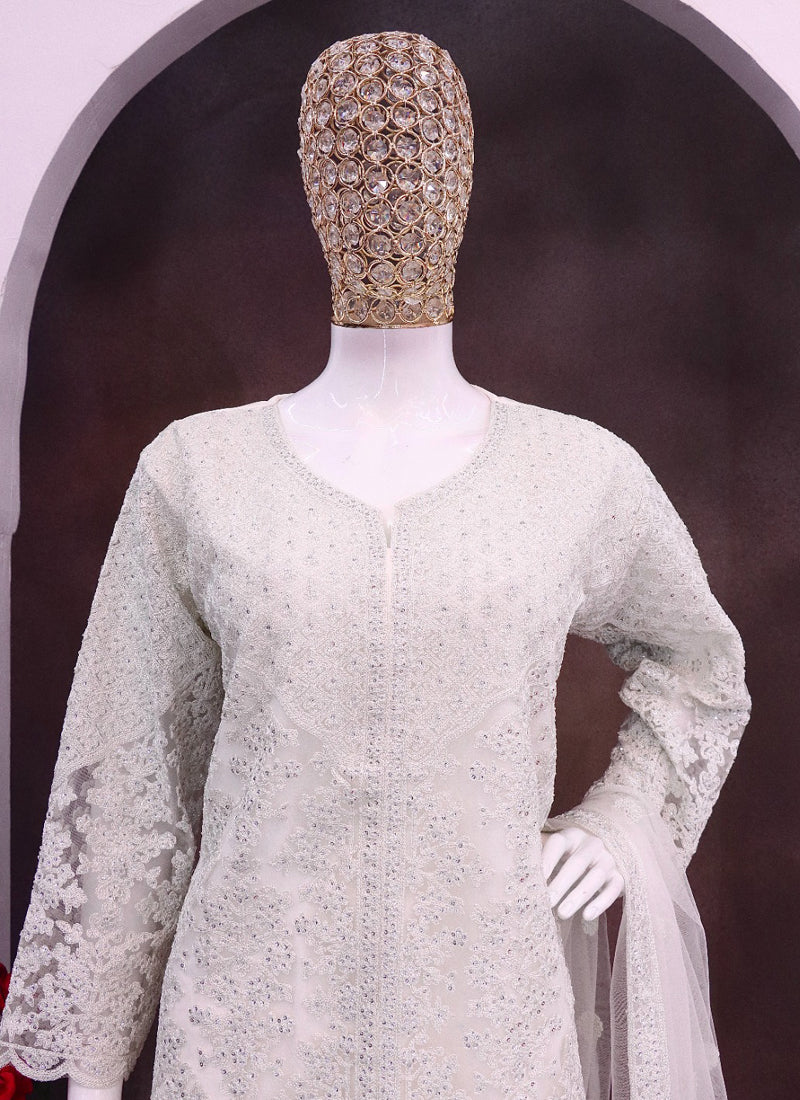 Vegaa Fashion Off White Net Embroidered Sequin Designer Palazzo Suit | Grocsy