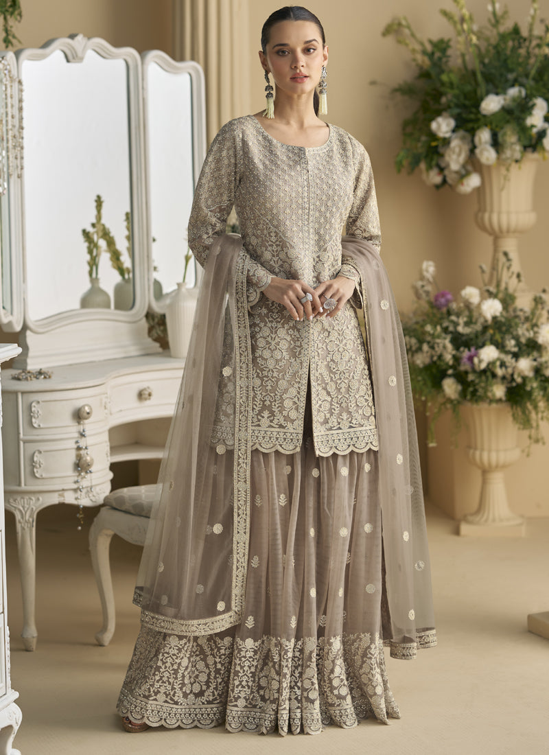 Vegaa Fashion Beige Georgette And Net Embroidered Beads Work Palazzo Suit | Grocsy