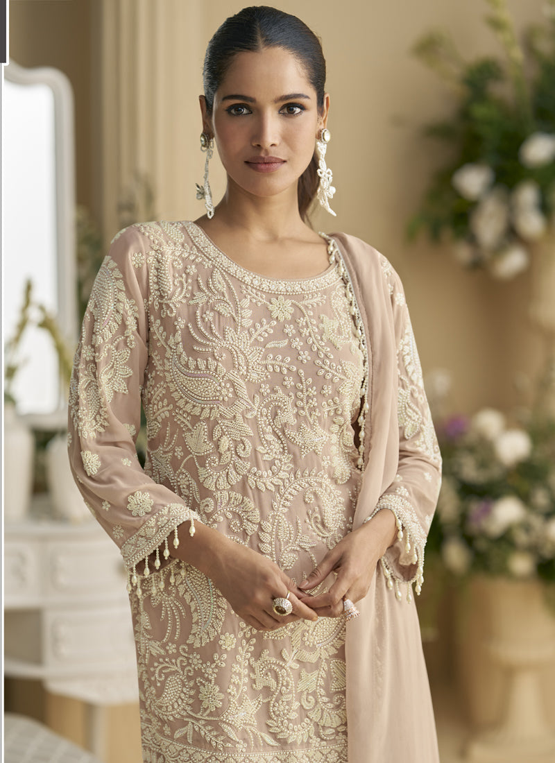 Vegaa Fashion Beige Georgette And Net Embroidered Beads Work Salwar Suit | Grocsy