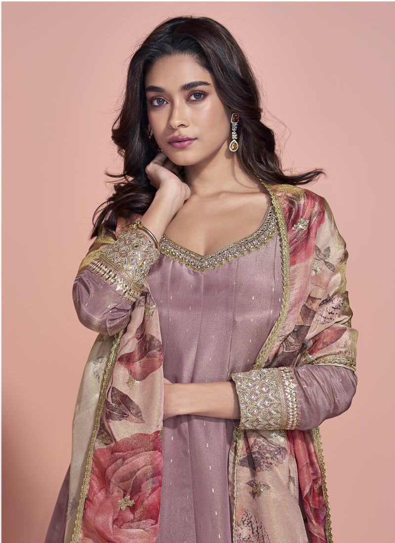 Vegaa Fashion Onion Pink Viscose Jacquard Silk Embroidered Anarkali Suit | Grocsy