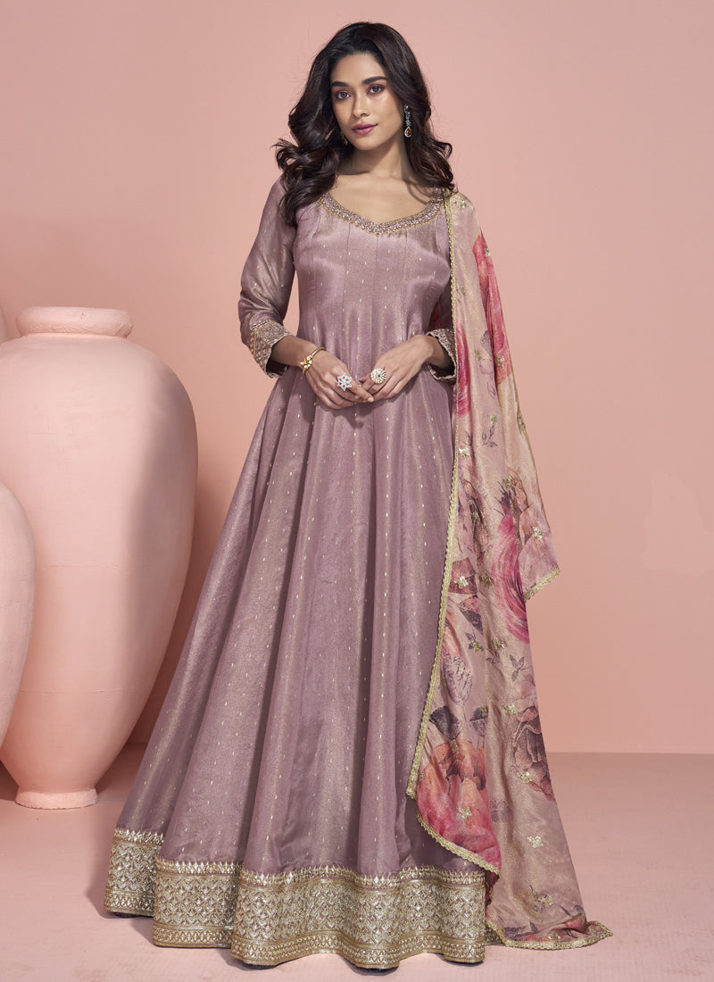 Vegaa Fashion Onion Pink Viscose Jacquard Silk Embroidered Anarkali Suit | Grocsy