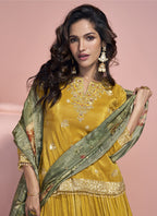 Vegaa Fashion Yellow Jacquard Silk Embroidered Lehenga Style Suit | Grocsy