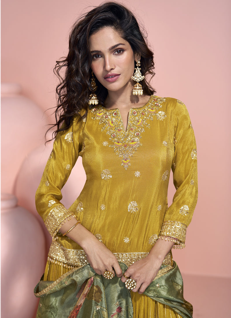 Vegaa Fashion Yellow Jacquard Silk Embroidered Lehenga Style Suit | Grocsy