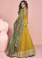 Vegaa Fashion Yellow Jacquard Silk Embroidered Lehenga Style Suit | Grocsy