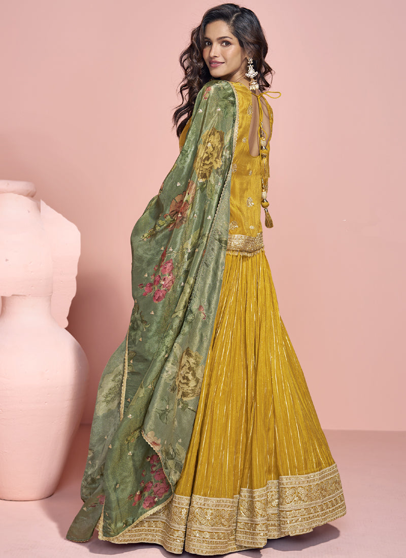 Vegaa Fashion Yellow Jacquard Silk Embroidered Lehenga Style Suit | Grocsy