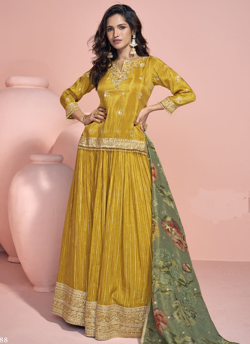 Vegaa Fashion Yellow Jacquard Silk Embroidered Lehenga Style Suit | Grocsy